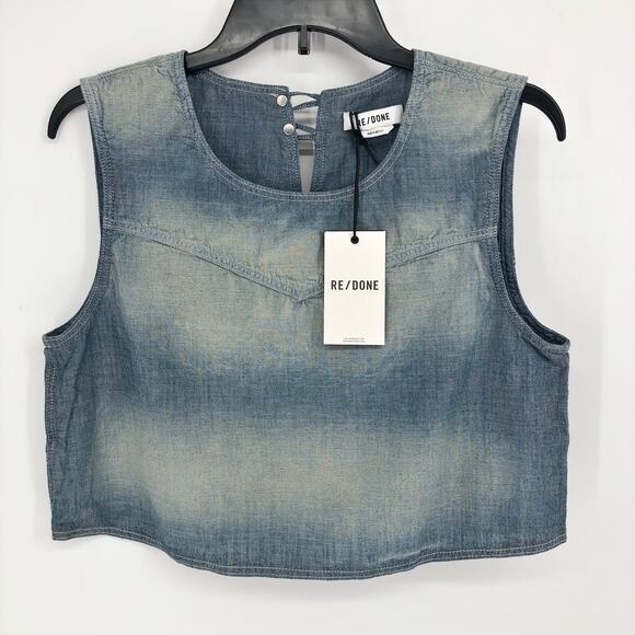 RE/DONE Women's Chambray Sleeveless Crop Top Small Blue Amore Indigo Tank NWT - Picture 1 of 7